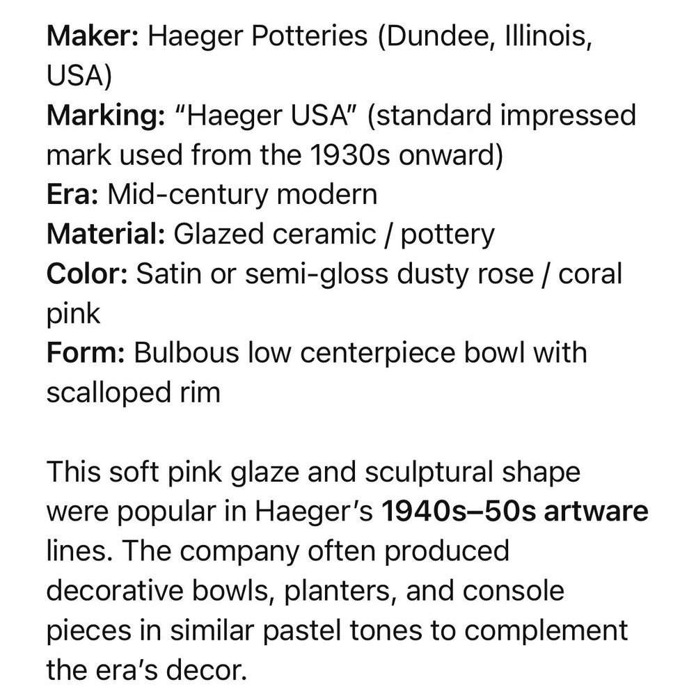 Vintage Haeger USA Pink Art Pottery Centerpiece Bowl‎ Mid Century Modern Decor - Picture 9 of 10